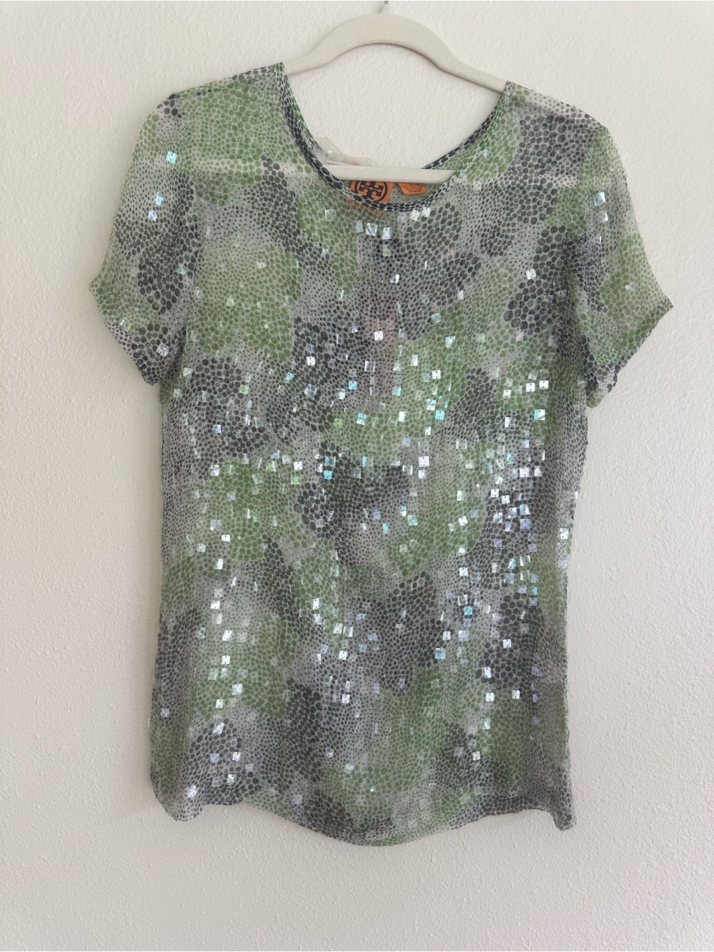 NWT Tory Burch Green and Silver Sequin Silk Short-Sleeve Tee Size 8